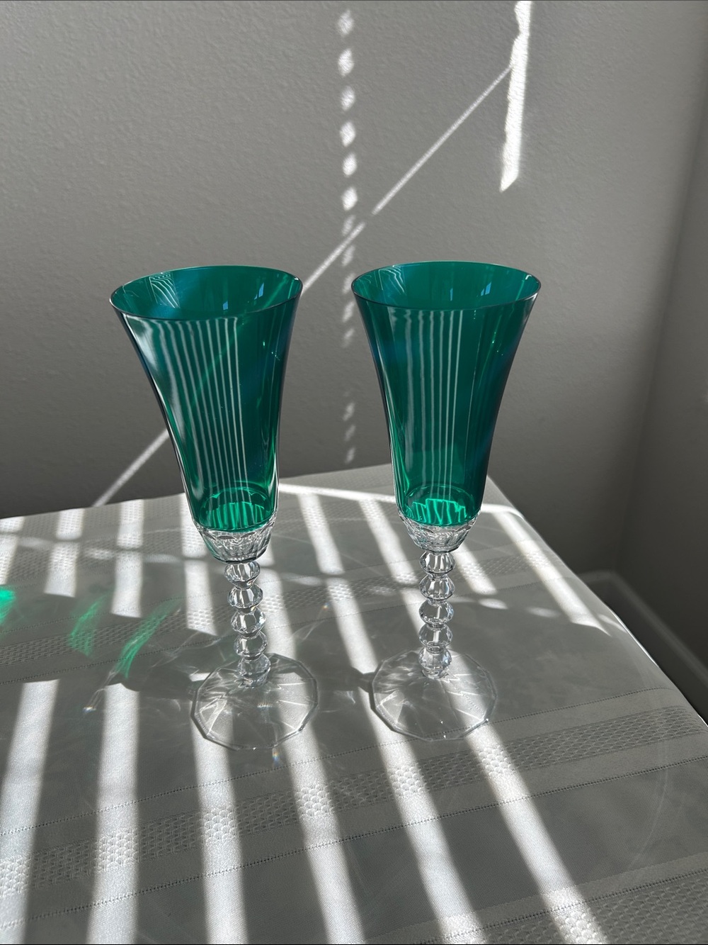 NEW unused Rare Emerald Green Crystal-Stem Fluted Glasses by Mikasa